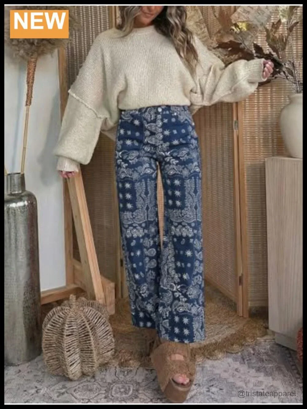 Baggy Wide Leg Jeans High Waist Boho Floral Print Denim Pants with Pockets